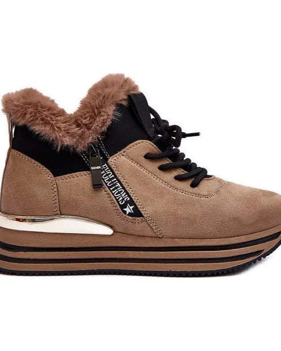 Baskets femme double matière marron avec intérieur fourré et semelle dorée – tendance automne hiver