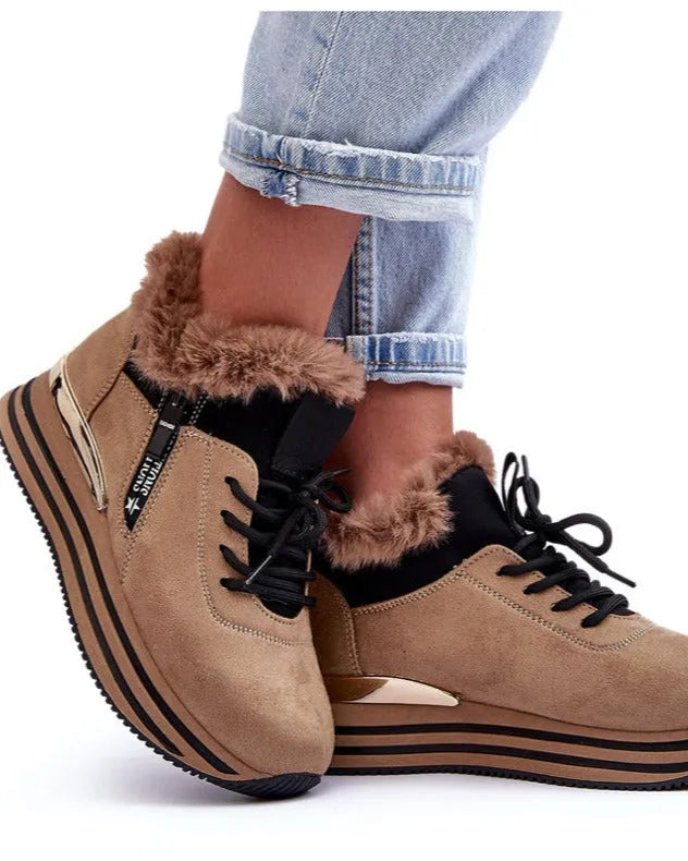 Baskets femme double matière marron avec intérieur fourré et semelle dorée – tendance automne hiver