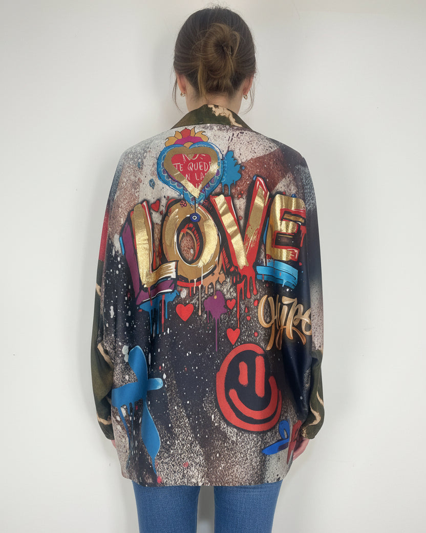 Blouse Love dos imprimé pop art Te quiero con lo smiley étoiles colorées