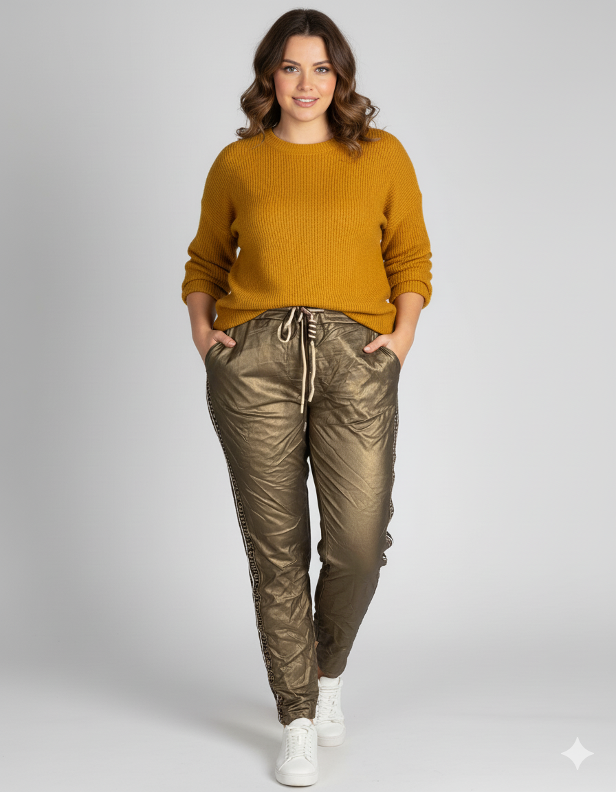 Pantalon bronze femme mode avec bandes léopard et cordon – coupe confortable, fabriqué en Italie