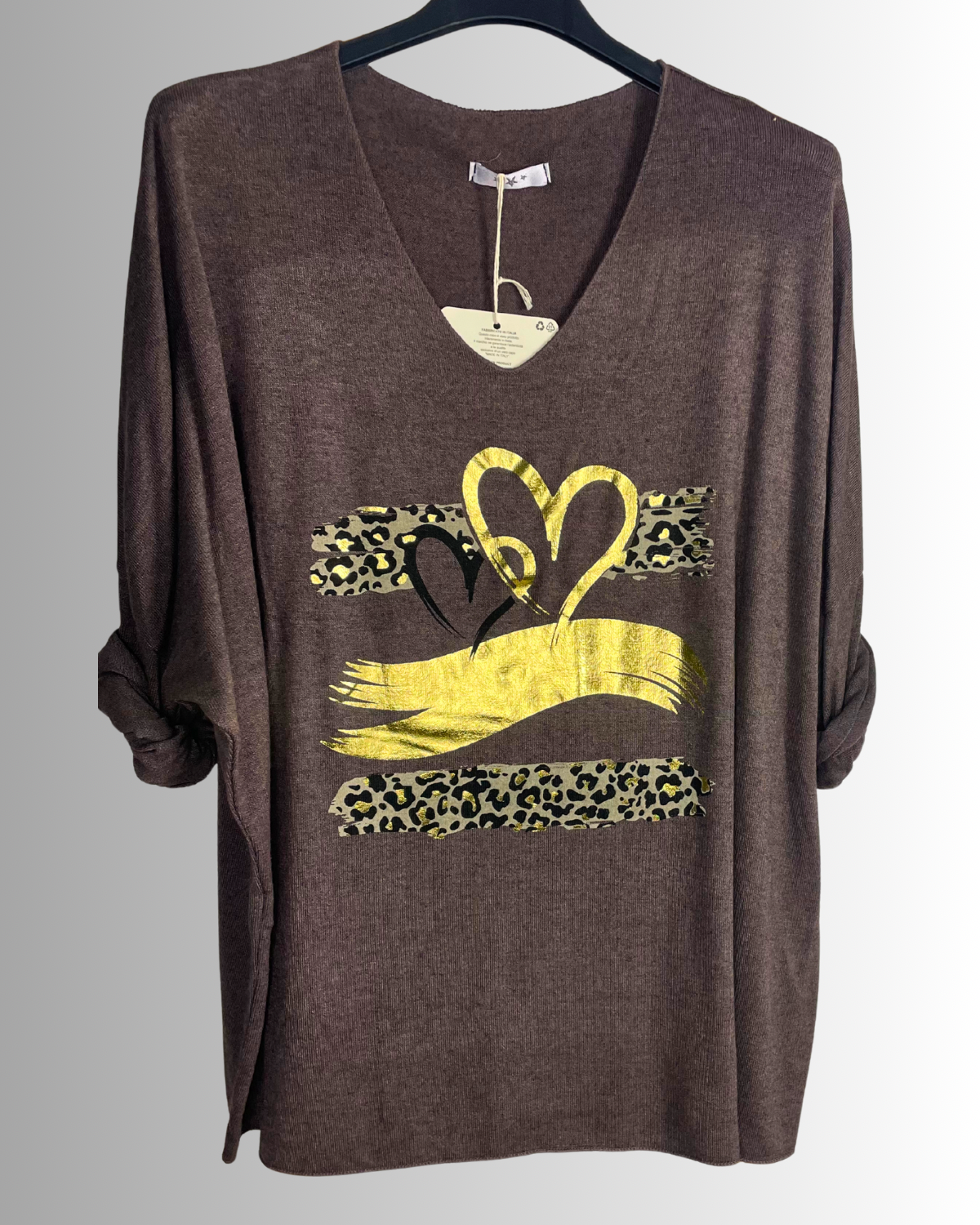 Pull chocolat oversize femme avec motif cœurs dorés et bandes léopard – taille unique 36-50