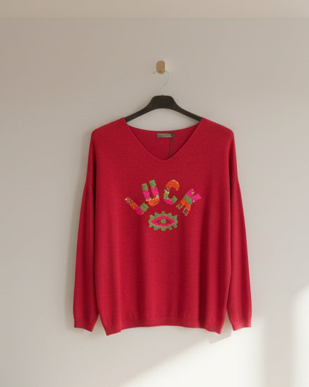 Pull Luck beige écru coupe classique 57x63 cm made in Italy bordeaux