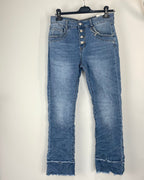 Jean Gwen Karostar détail bas effiloché frangé tendance bleu clair