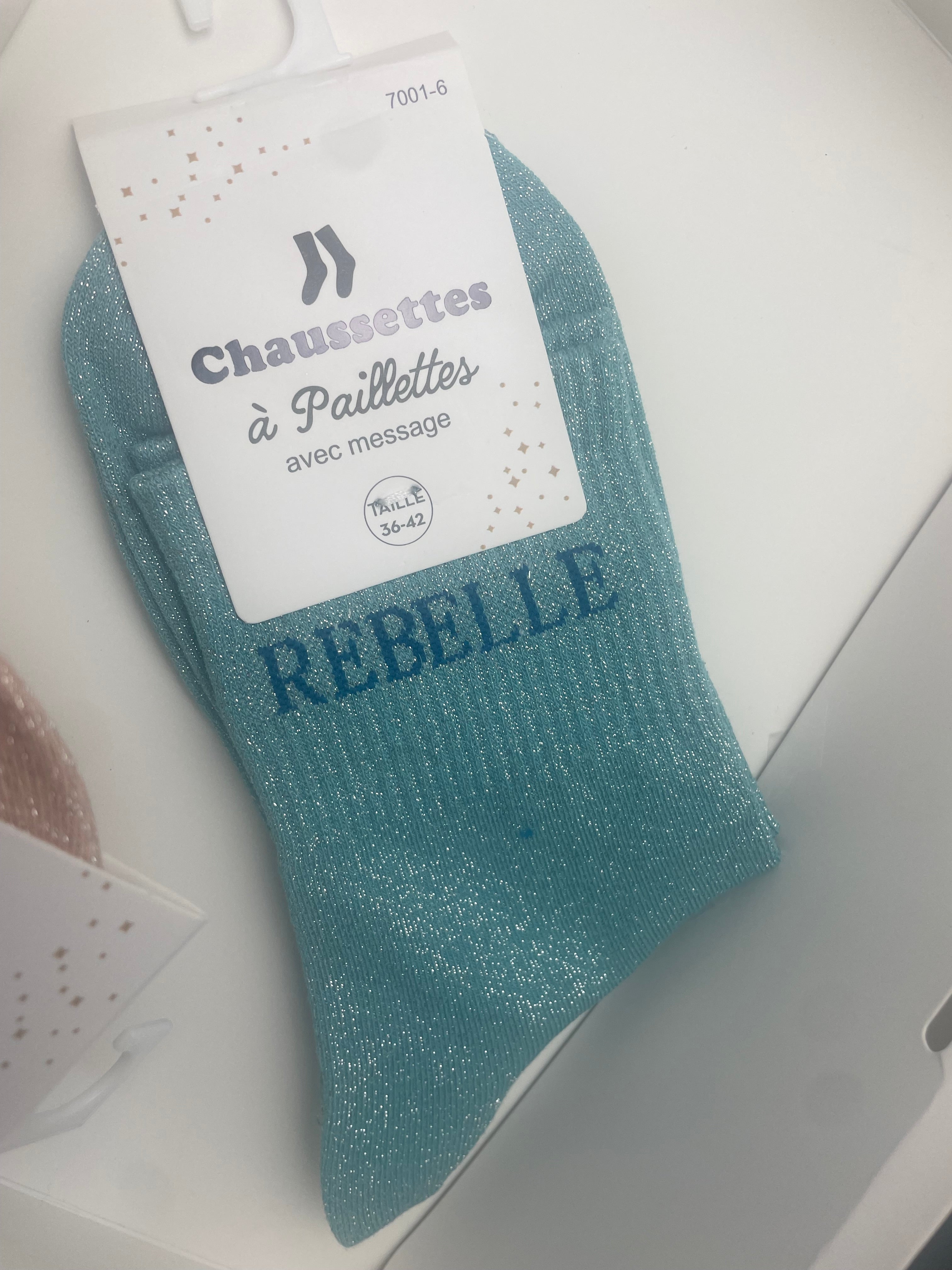 Chaussettes Rebelle paillettes intégrées coton confortables 36-42 couleur turquoise