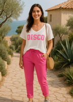 T-shirt Gloria disco flocage pailleté blanc porté col V 100% coton respirable