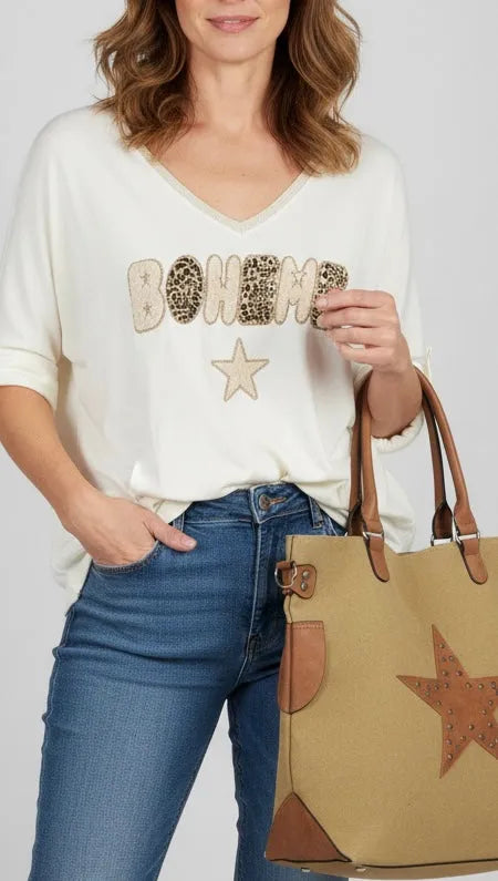 Pull blanc femme inscription Bohème léopard avec étoile – col V doré, taille unique 36-46