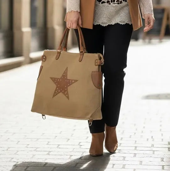 Grand sac camel femme Turbobags avec étoile cloutée, format oversize 53x45 cm