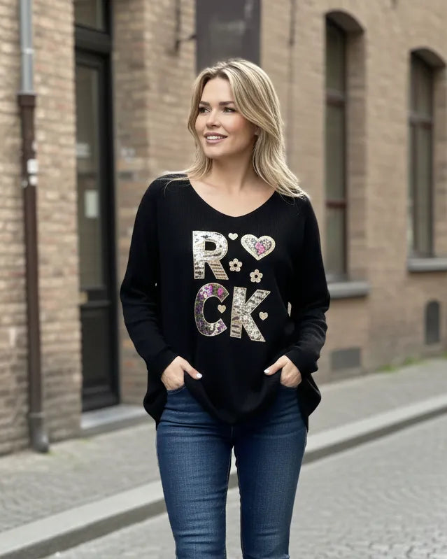 Haut femme ROCK sequins noir oversize