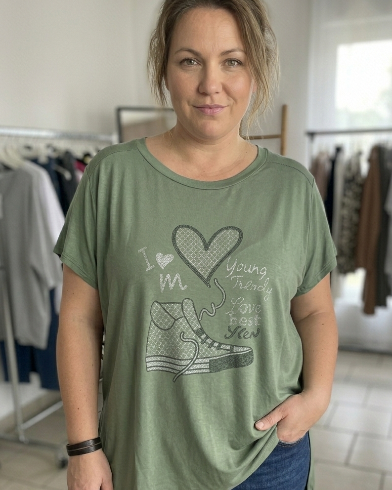 T-shirt asymétrique sneakers cœur strass kaki vert olive Young Trendy femme 36-50 Made in Italy