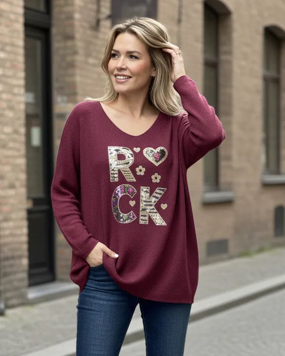 Haut femme ROCK sequins bordeaux oversize