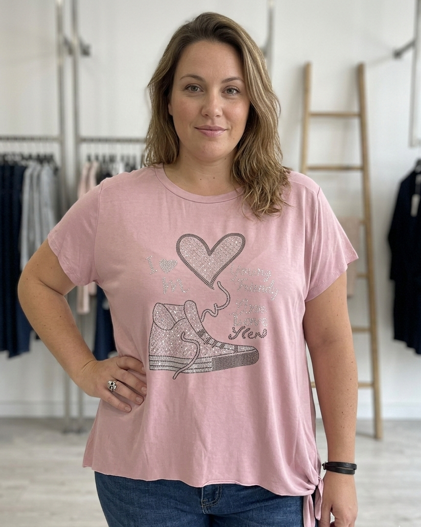 T-shirt asymétrique sneakers cœur strass rose Young Trendy femme 36-50 viscose Made in Italy