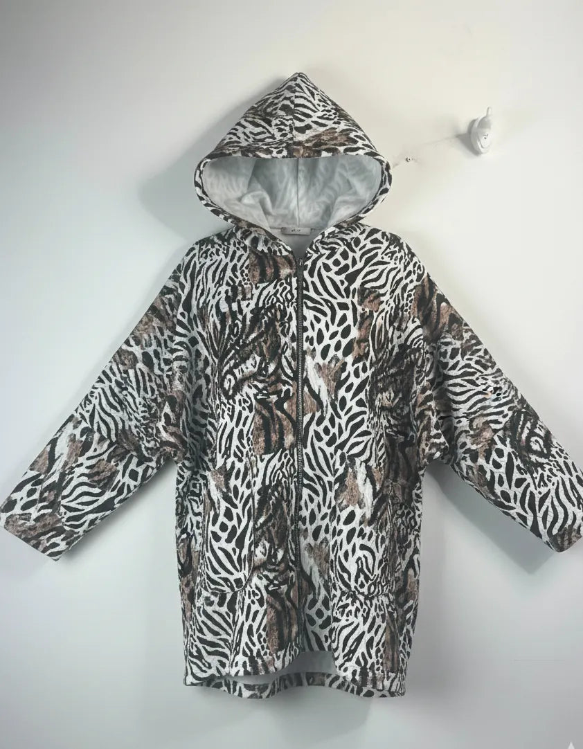 Veste à capuche gaufrée femme imprimé animal, coupe oversize, fermeture zippée, made in Italy vue a plat