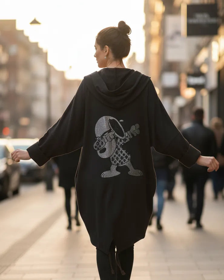 Veste longue noire Snoopy qui dab femme, capuche, coupe oversize, dos imprimé, made in Italy