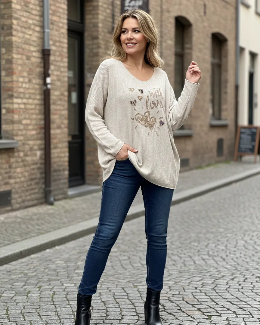 Haut femme With Love strass effet gaufré beige porté