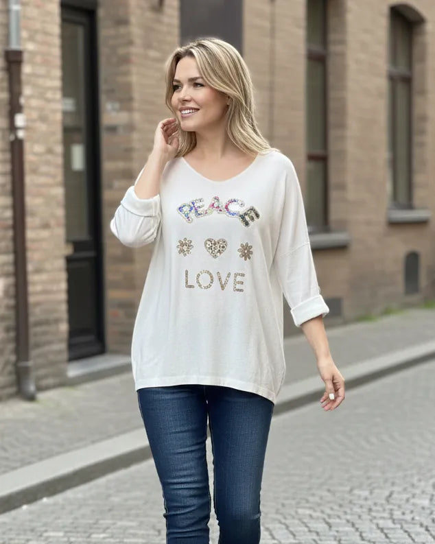 pull blanc Peace & Love oversize avec sequins – vue de face