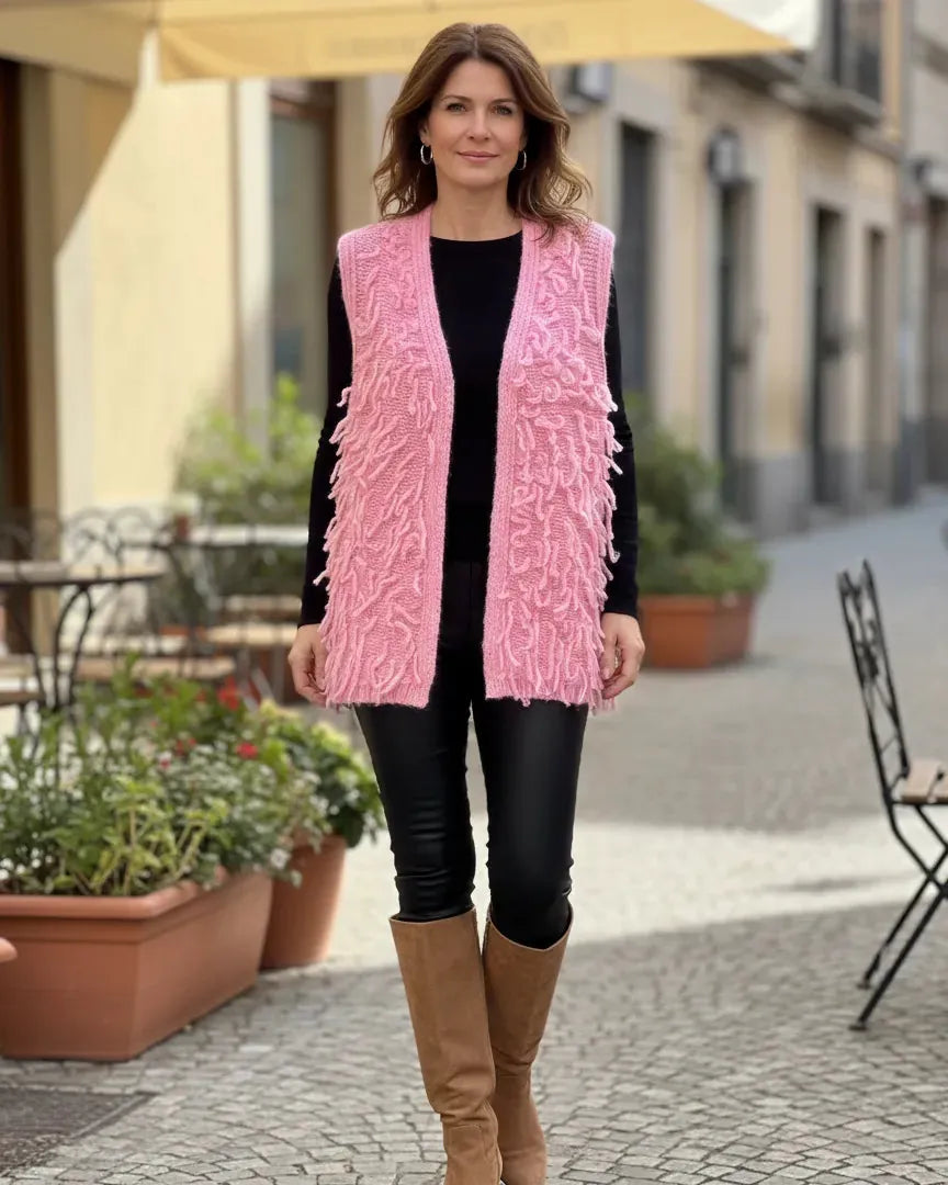 Gilet rose Bonbon femme en maille fantaisie effet frangé, sans manches, made in Italy