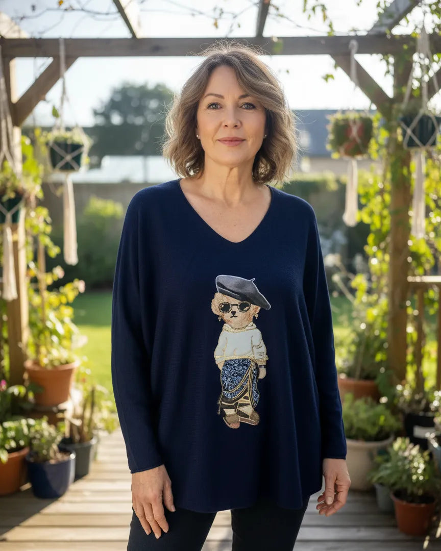 Pull oversize femme marine avec motif ourson doré, col V, coupe ample, made in Italy