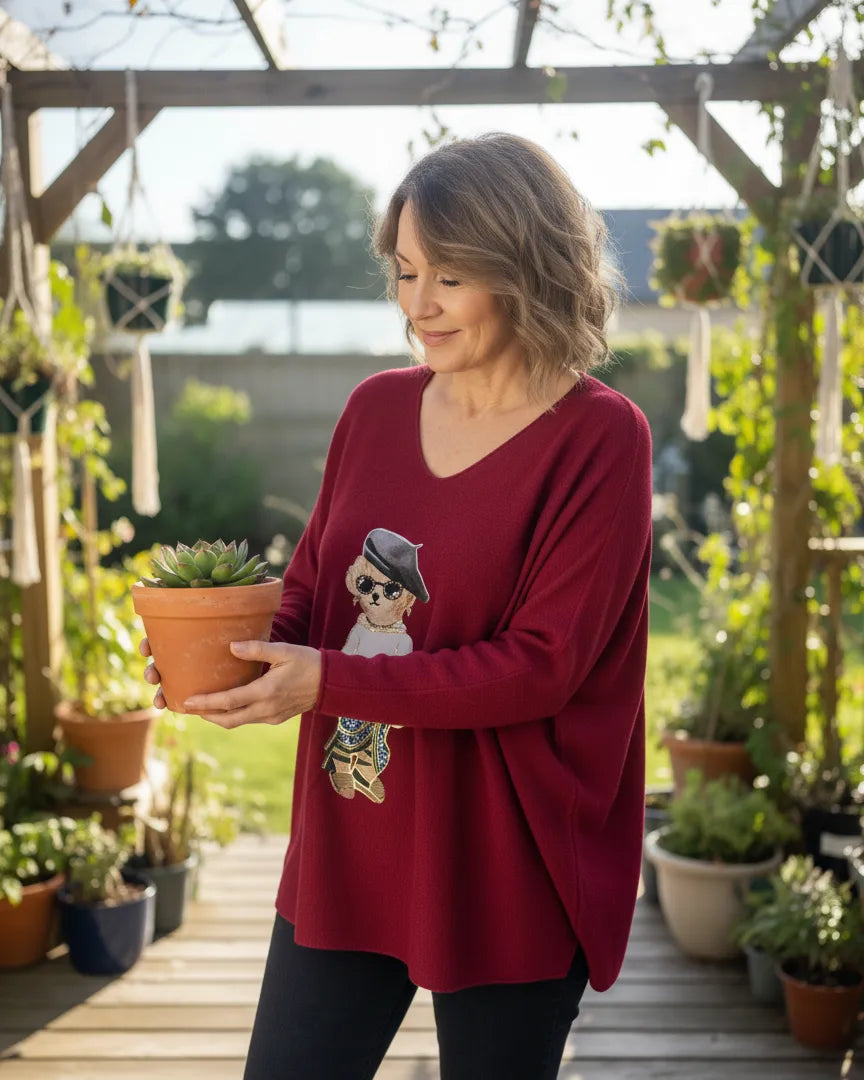 Pull oversize femme avec motif ourson doré, col V, coupe ample, made in Italy