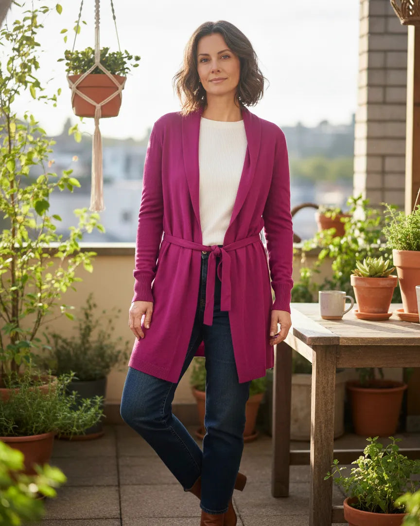 Gilet long femme avec ceinture à nouer, matière extensible, coupe fluide élégante