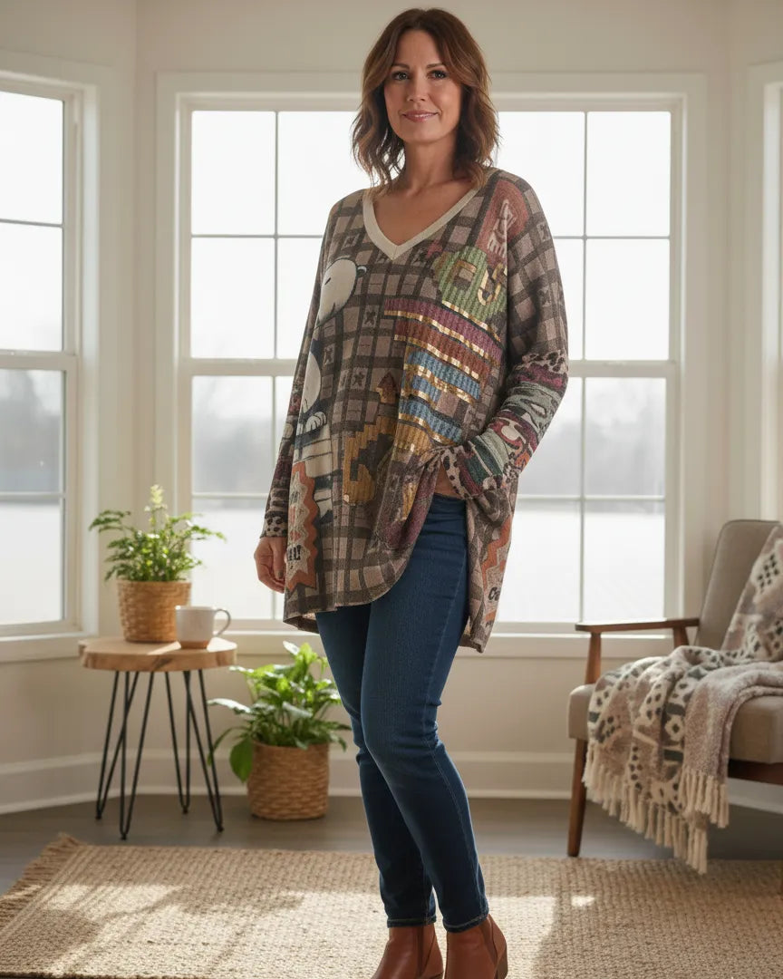 Femme portant un pull oversize Snoopy beige à motif vintage dans un salon lumineux.