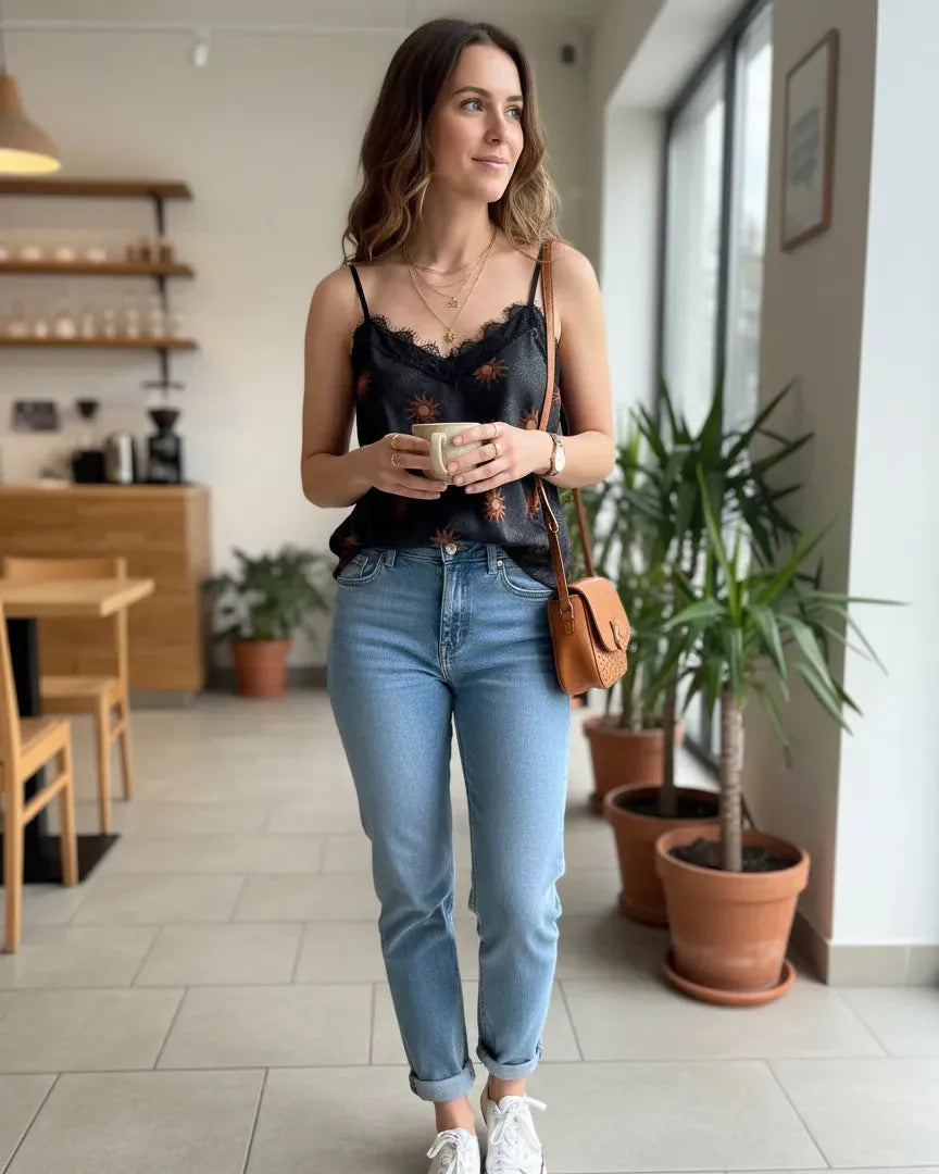 Caraco noir femme à motif soleil cuivre et col V en dentelle.