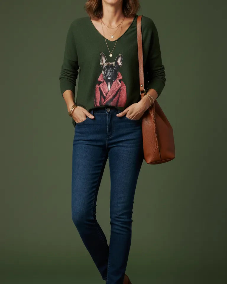 Femme portant pull vert foncé motif bouledogue bordeaux – style casual chic