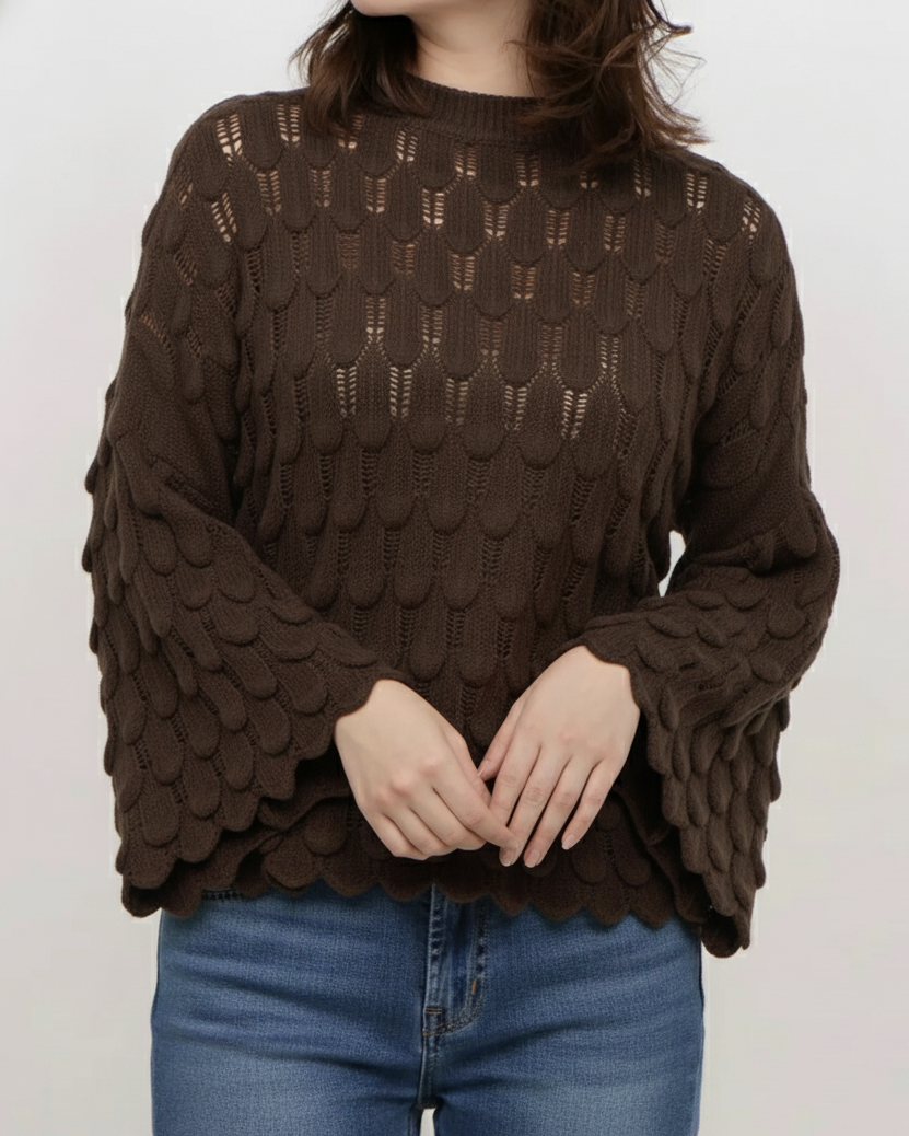 Pull Élise femme couleur chocolat – maille écailles chic