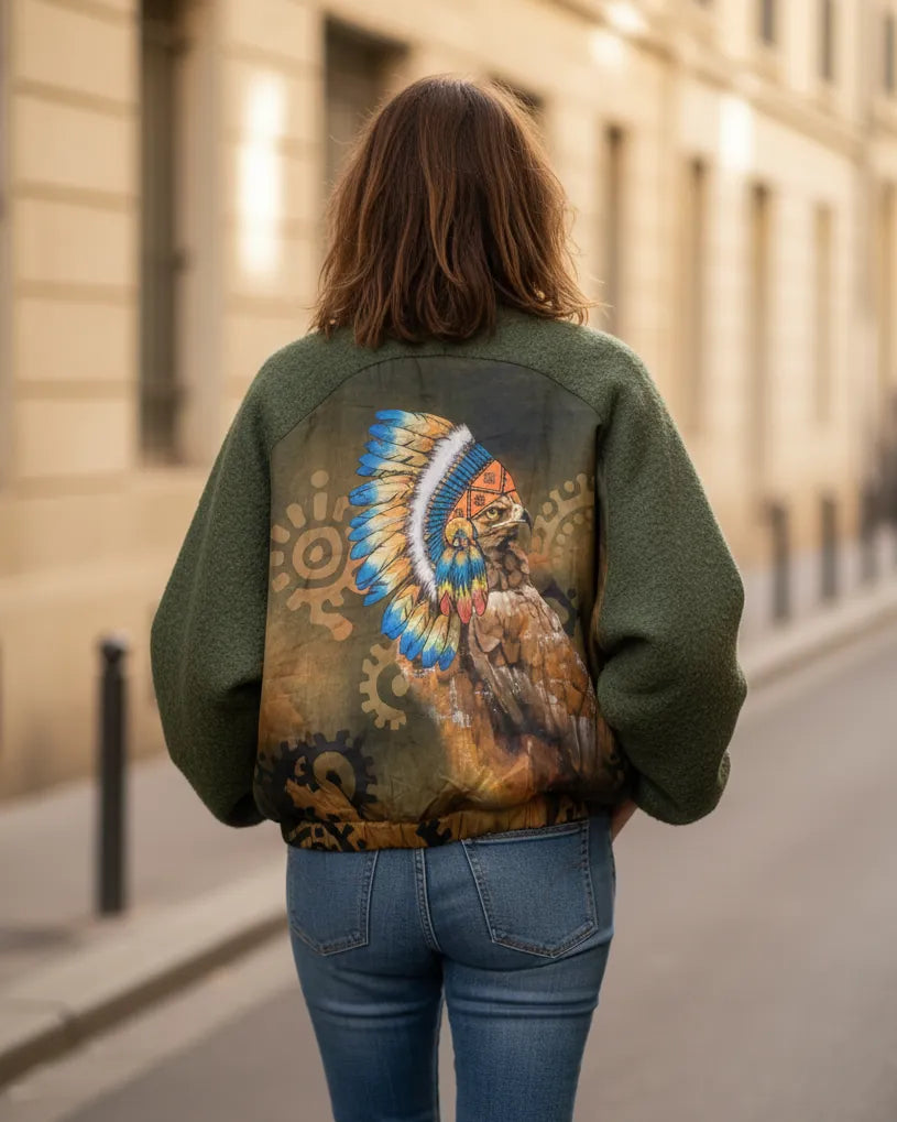 Veste bomber femme motif aigle tribal – manches laine bouclée – Mam’sailes