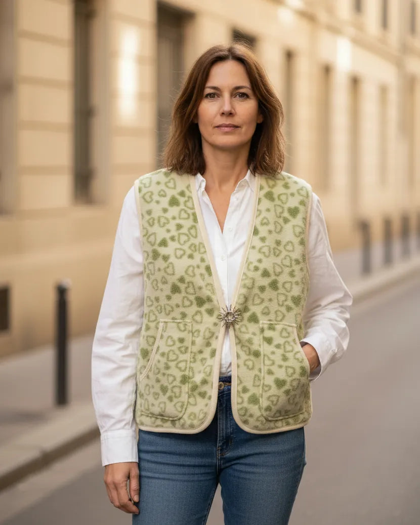 Gilet femme motif cœur avec broche – couleur vert/beige – Mam’sailes