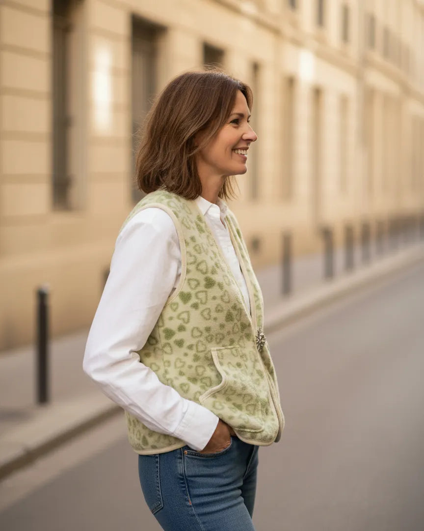 Gilet femme motif cœur avec broche – couleur vert/beige – Mam’sailes