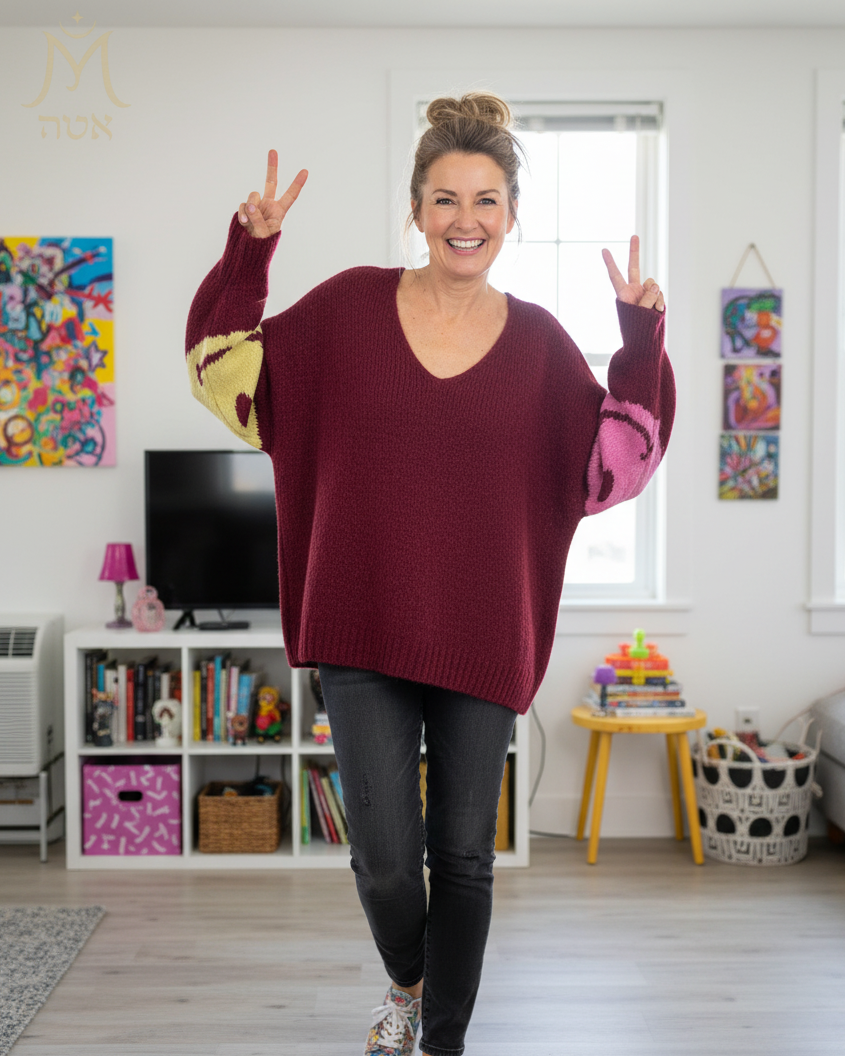 Pull grosse maille avec smiley sur manches – Mam’sailes