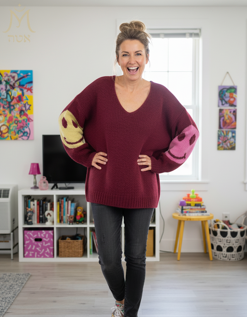 Pull grosse maille avec smiley sur manches – Mam’sailes