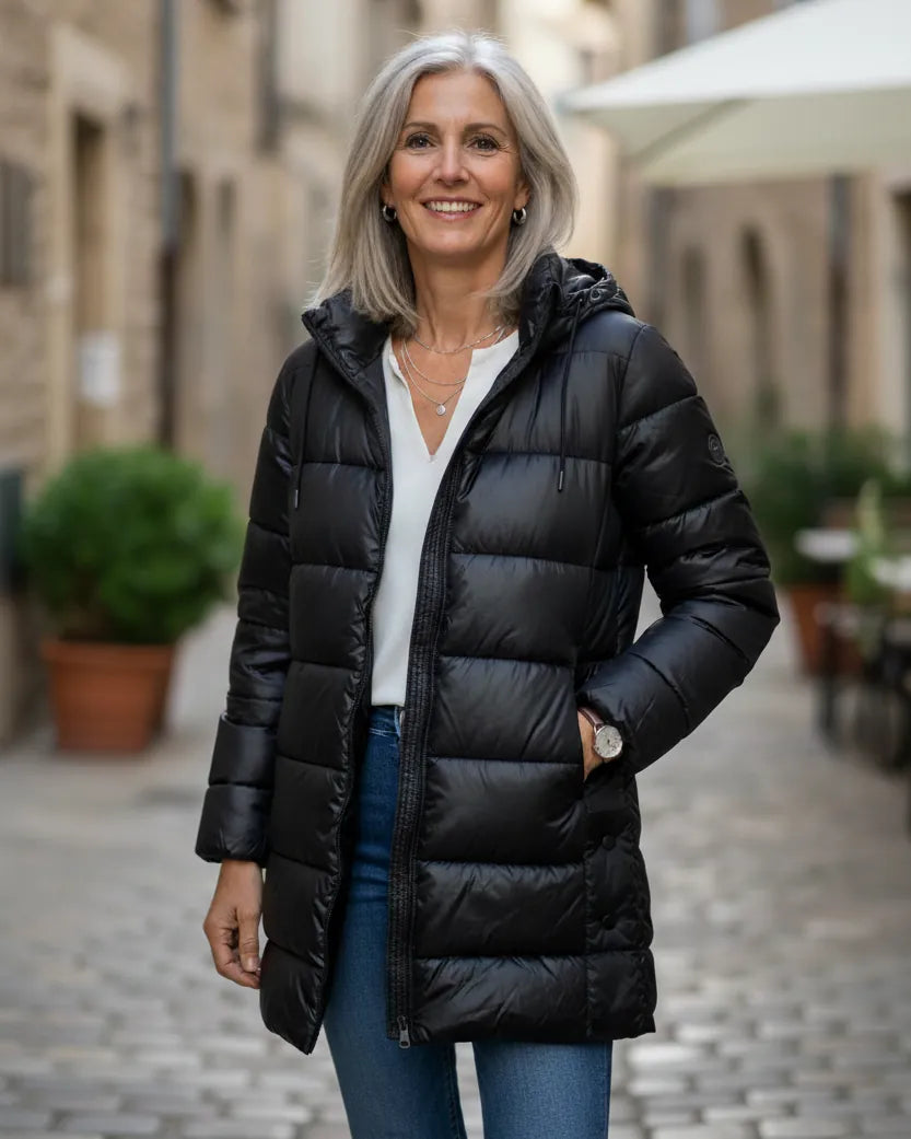 Doudoune noire mi-longue femme avec capuche amovible – Mam’s Ailes