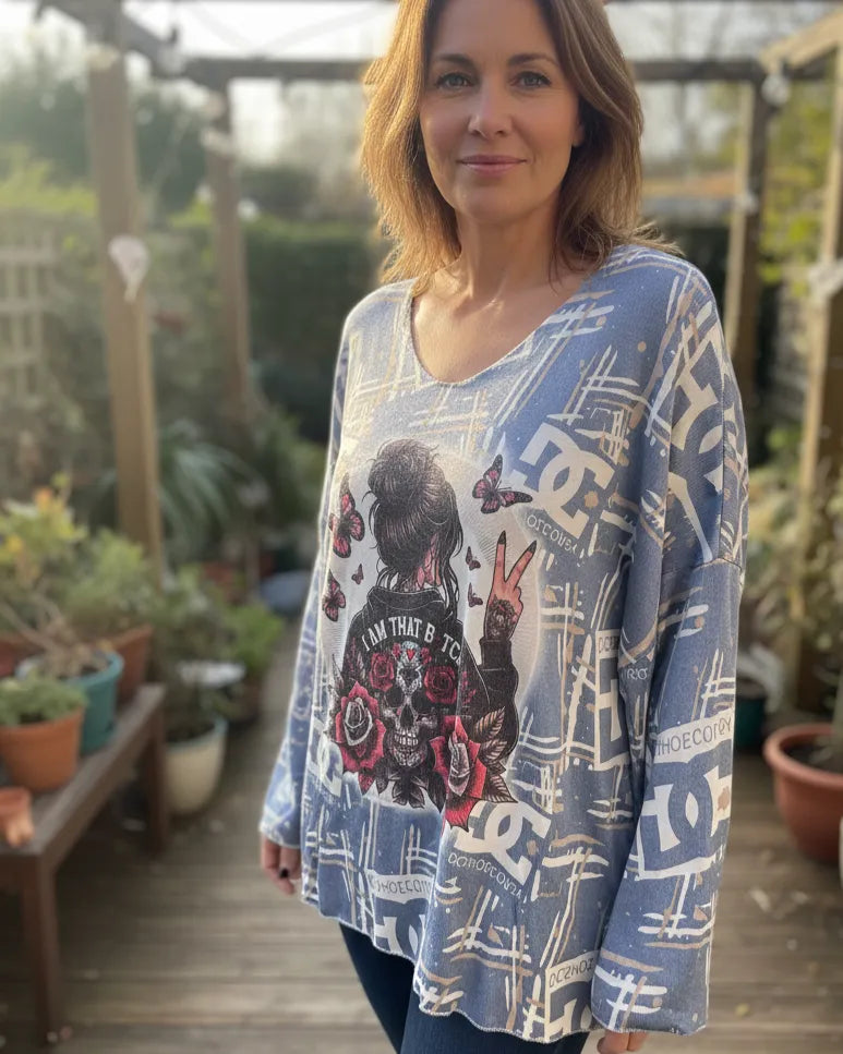 Tunique femme motif rock avec roses et papillons – made in Italy