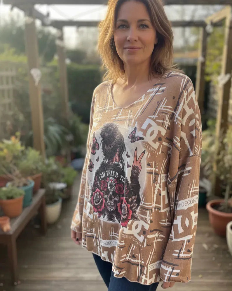 Tunique femme motif rock avec roses et papillons – made in Italy
