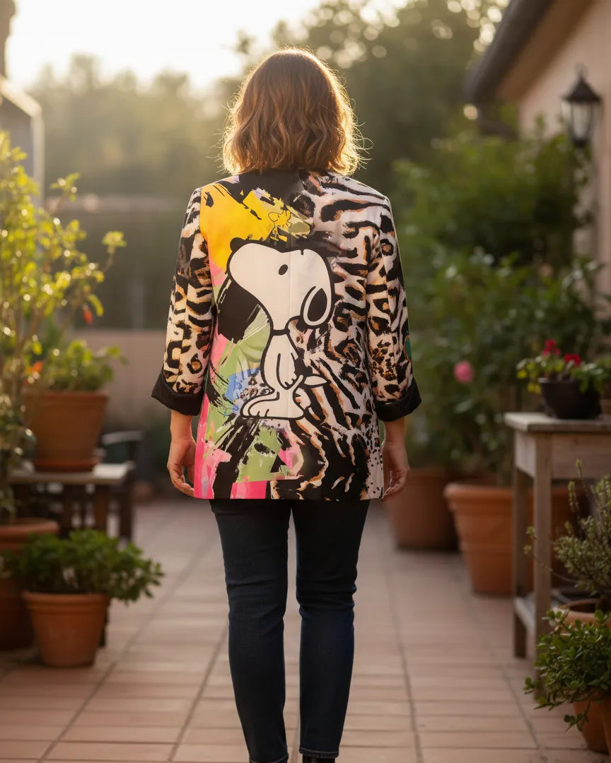 Blazer femme pop art Snoopy et motifs zébrés colorés – made in Italy