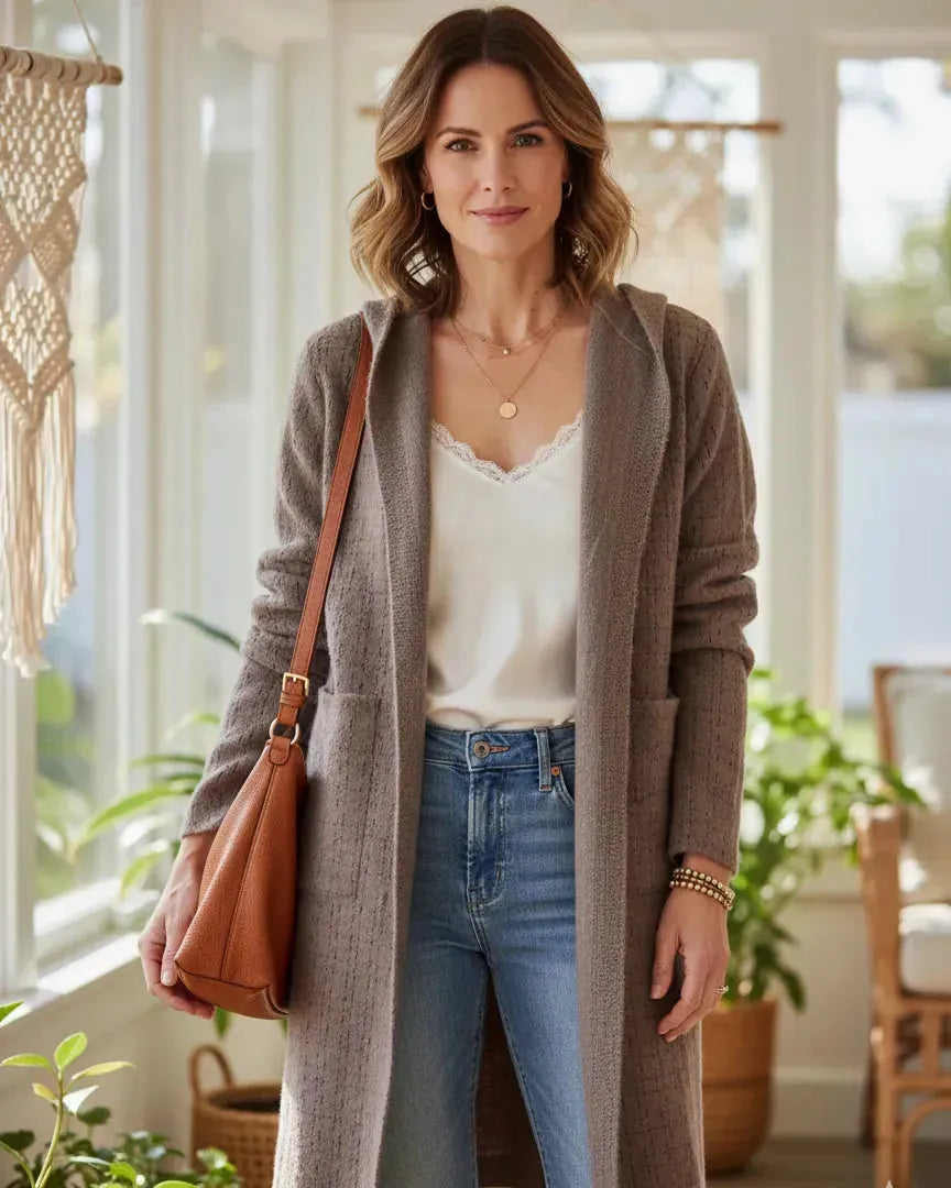 Manteau long femme Élora à capuche, toucher doux avec fils argentés