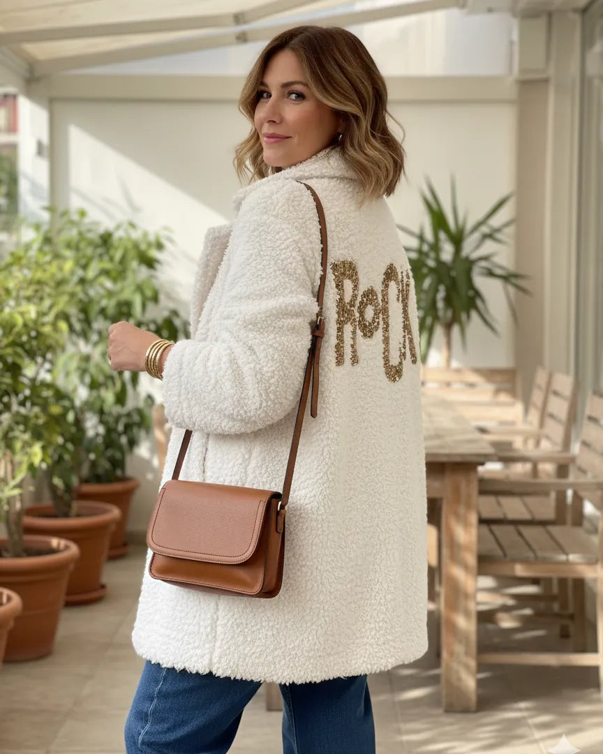 Veste-manteau femme Louna Rock blanche, dos brodé doré – made in Italy