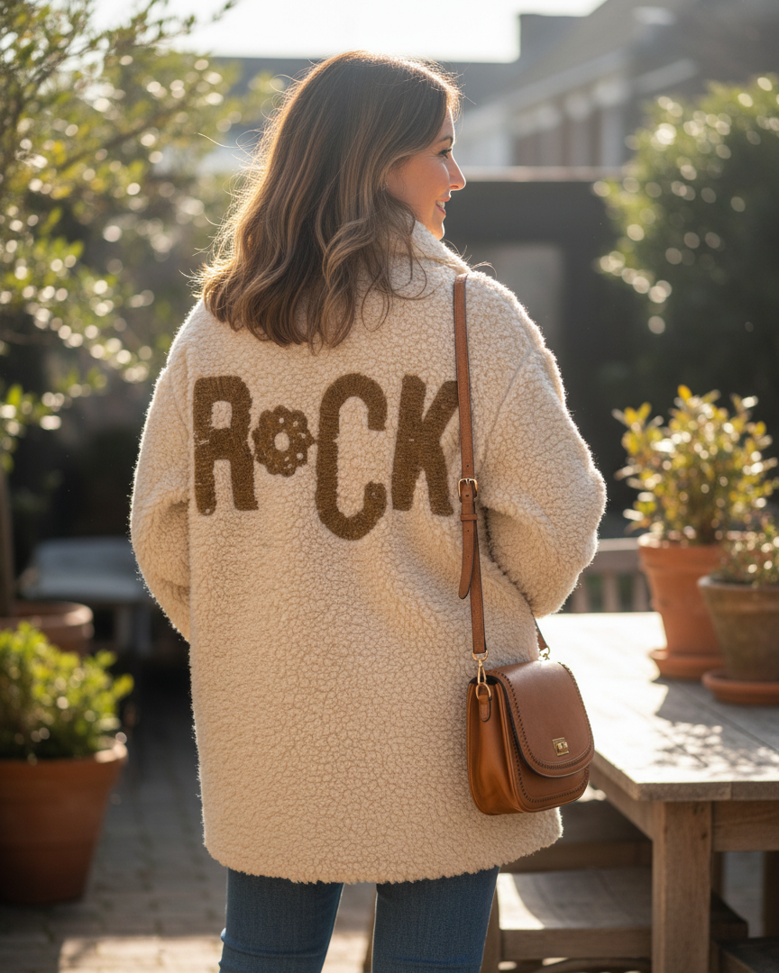 Veste-manteau femme Louna Rock ecrue, dos brodé doré – made in Italy