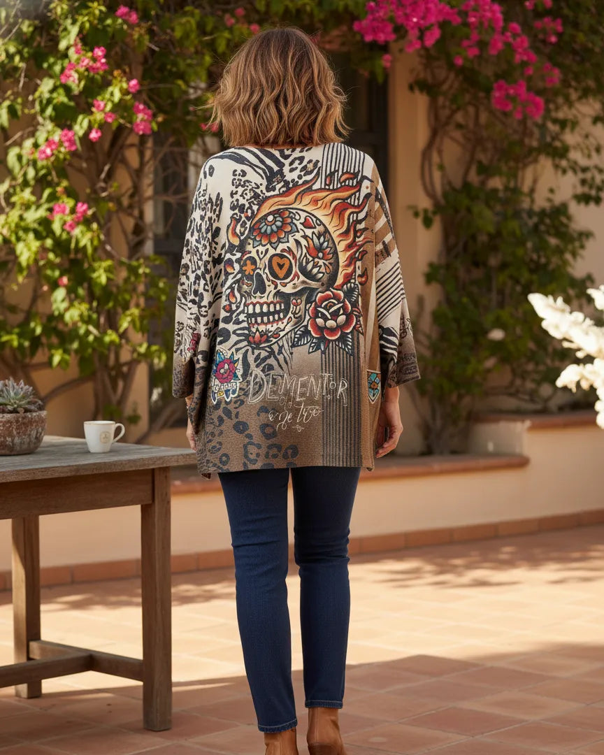 Pull Calavera d’Or femme motif tête de mort dorée, col V pailleté – face arriere