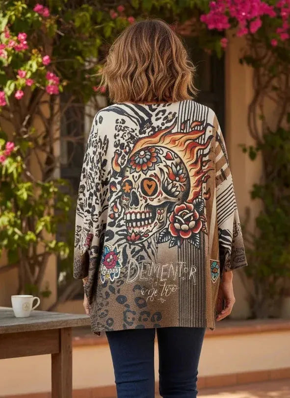 Pull Calavera d’Or femme motif tête de mort dorée, col V pailleté – face arriere