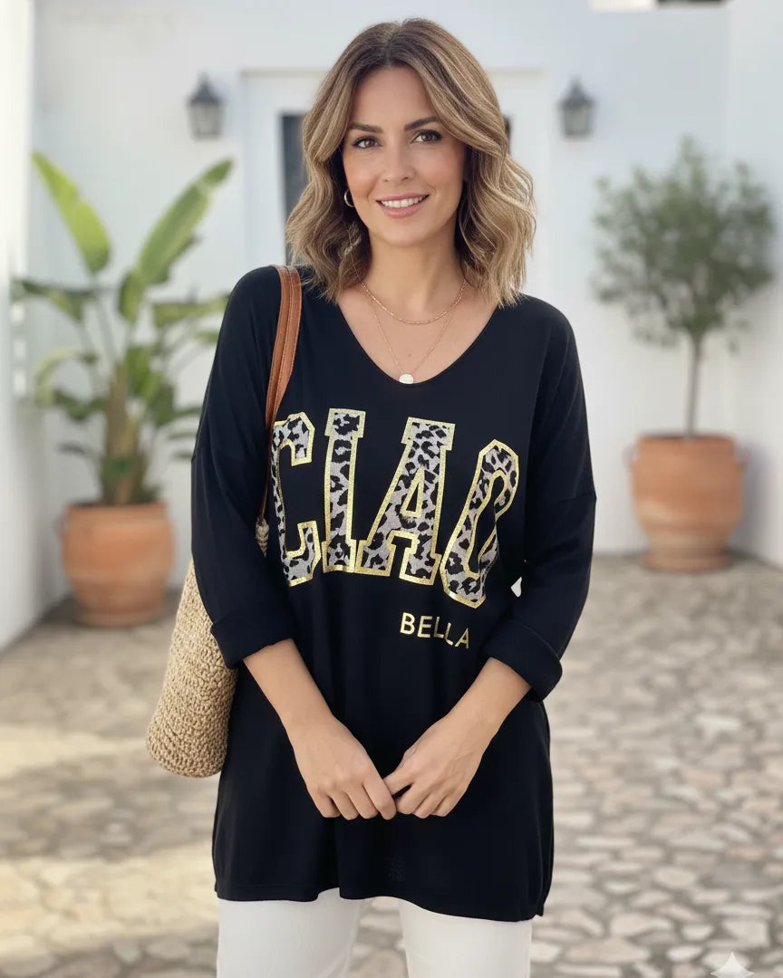 Pull Ciao Bella femme noir manches longues inscription dorée et léopard – mode italienne