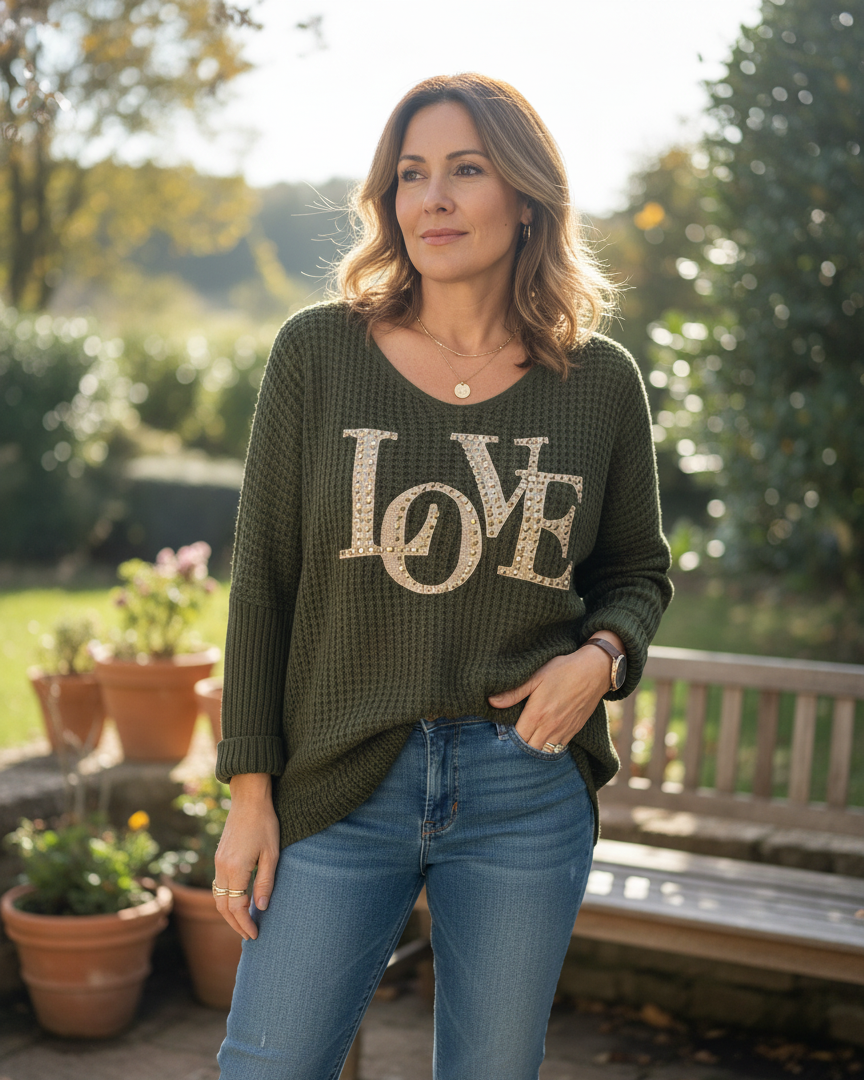 Pull oversize Dolce Love femme kaki inscription LOVE à strass – maille douce italienne