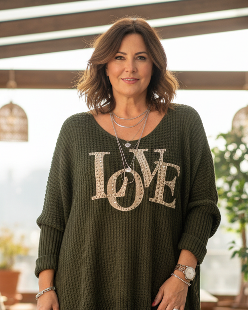 Pull oversize Dolce Love femme kaki inscription LOVE à strass – maille douce italienne