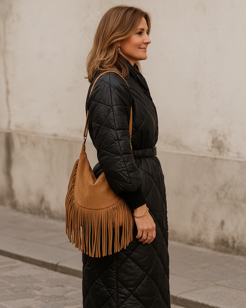 Doudoune Milano Chic noire femme, longue et matelassée avec ceinture à clip – made in Italy