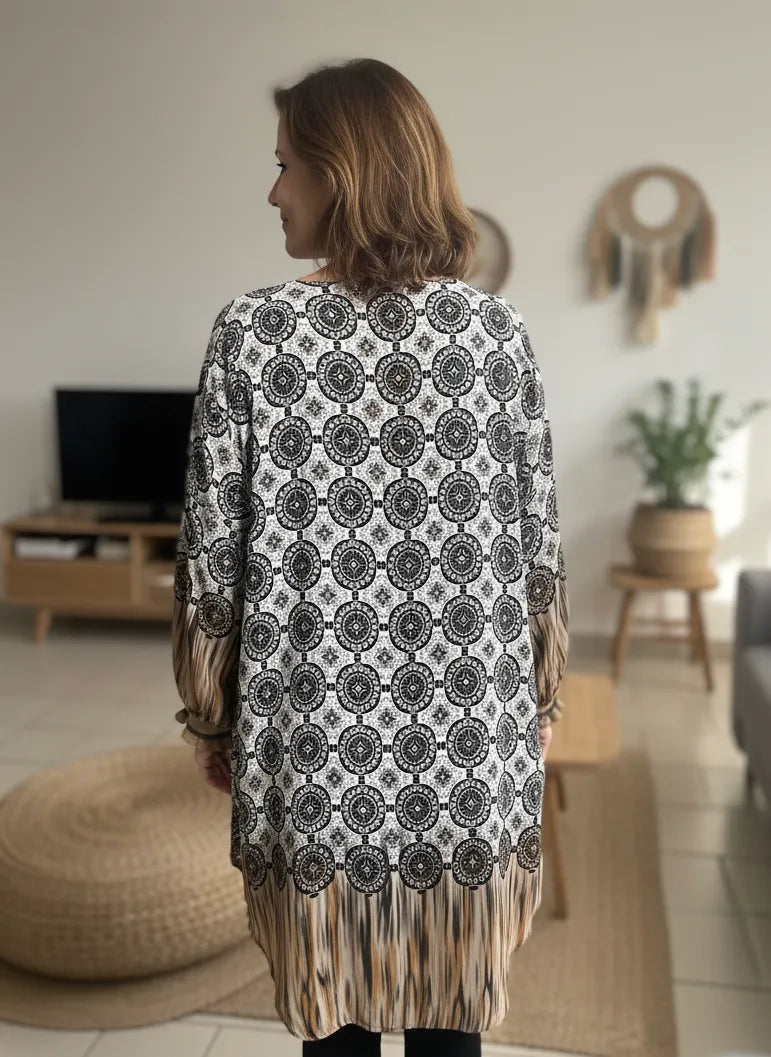 Tunique Giulia femme imprimé baroque noir et doré, manches dorées, vue de dos