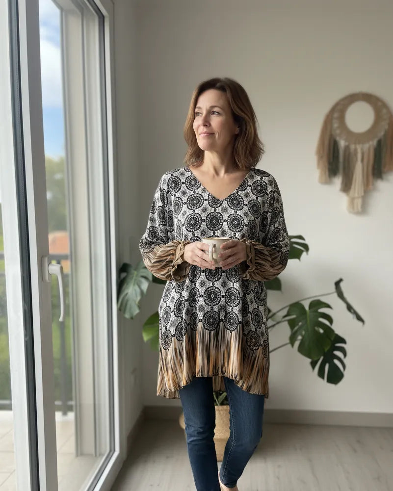 Tunique Giulia femme imprimé baroque noir et doré, manches dorées