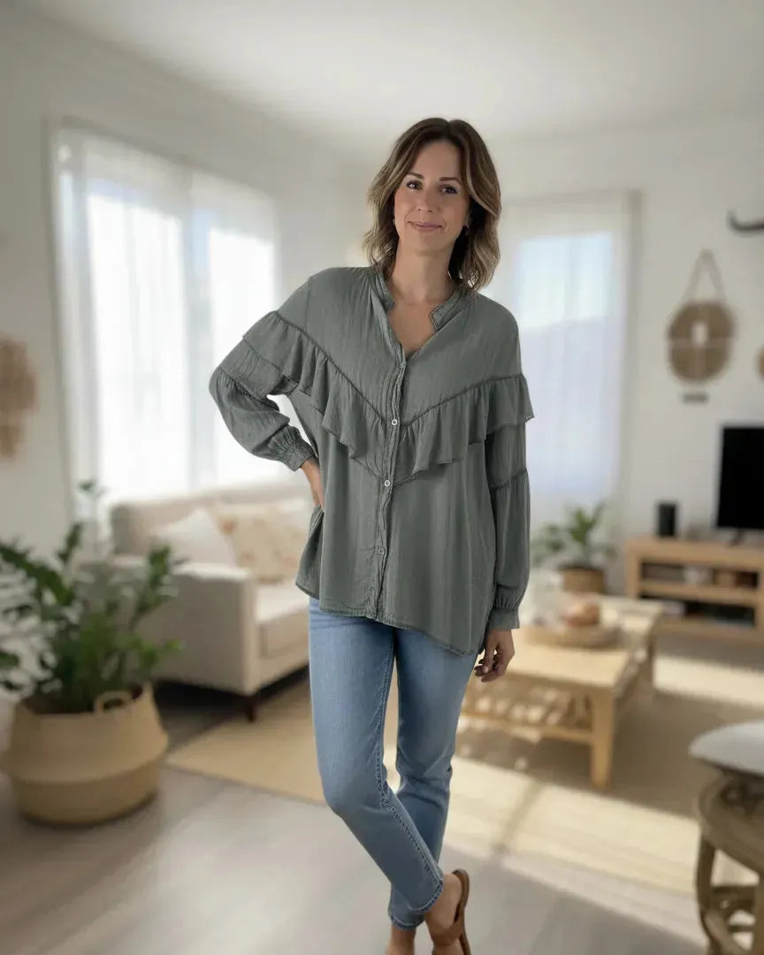 Chemise Livia femme  à volants, coupe ample et fluide en coton, made in Italy