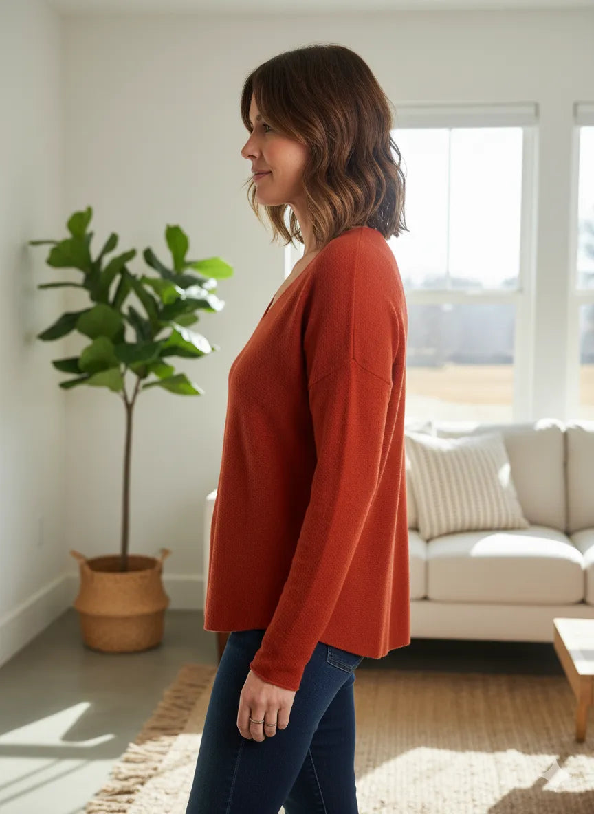 Pull Toscana femme terracotta, maille fine en viscose, coupe droite made in Italy