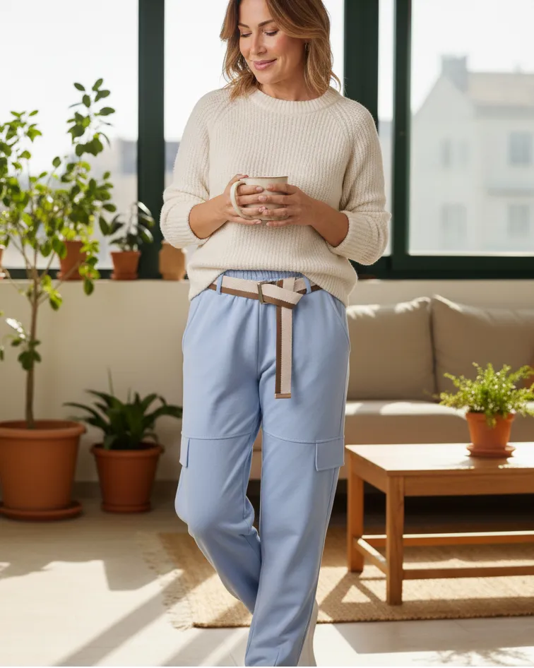 Jogging femme coupe droite avec ceinture tissée, poches avant et arrière, made in Italy